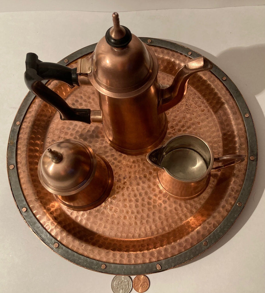 Vintage Metal Copper Tea Set On A Plate, 12" Wide, Heavy Duty, 4 1/2 Pounds, Hammered Metal, Kitchen Decor, Table Display, Shelf Display
