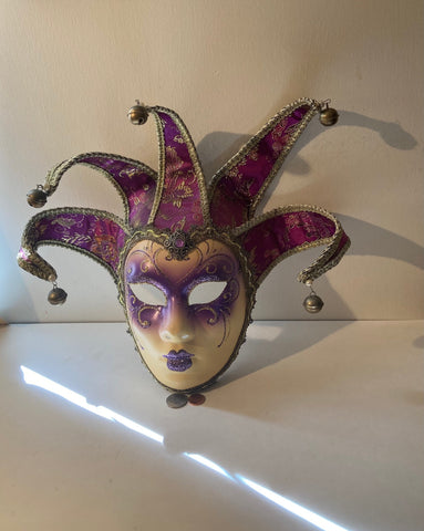 Vintage Venetian Jester Face Mask, Jolly Mask, Joker, Made in Italy, Hand Painted, Venezia, Quality, Purple, Gold Accents, Wall Decor