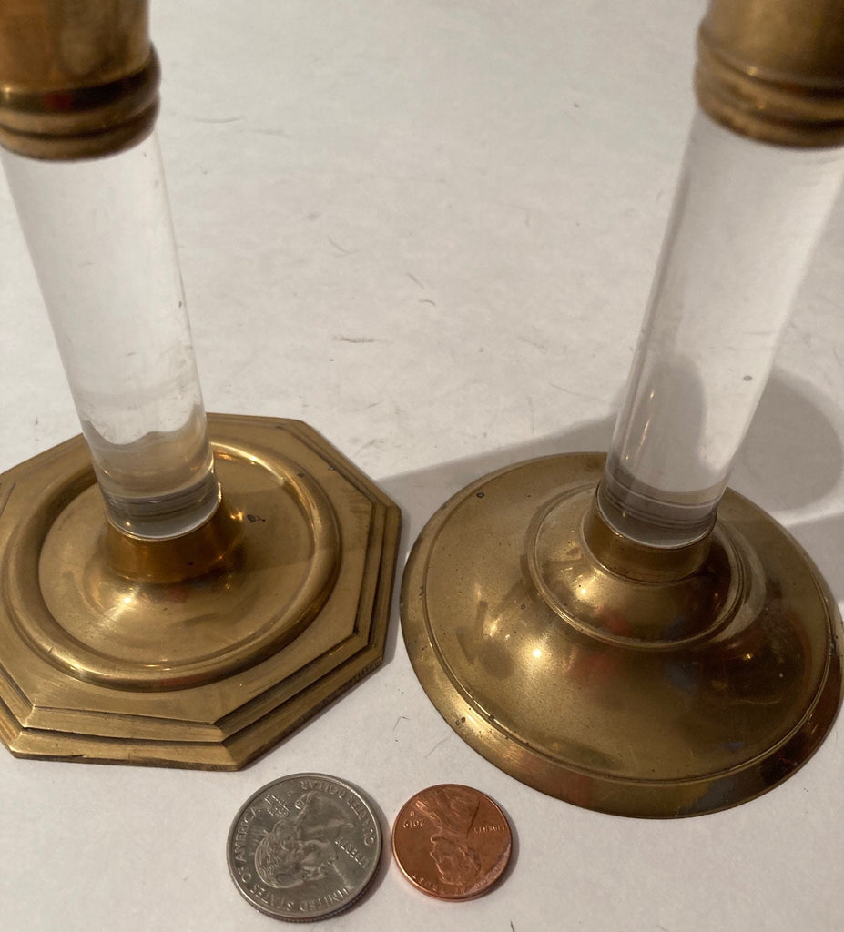 2 Vintage Brass and Resin Candle Stick Holders, 5" Tall, Table Display, Shelf Display, These Can Be Shined Up Even More