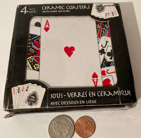 Vintage Set of 4 Ceramic Coasters, Playing Cards, Poker, with Cork Backing, Home Decor, Table Display, Coffee, Drinks