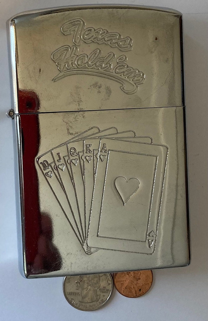 Vintage Metal Giant Size Lighter, Texas Hold'em, Engraved Playing Cards, Poker, 4 1/2" x 3" x 1", Old Vintage Lighter, Cigars