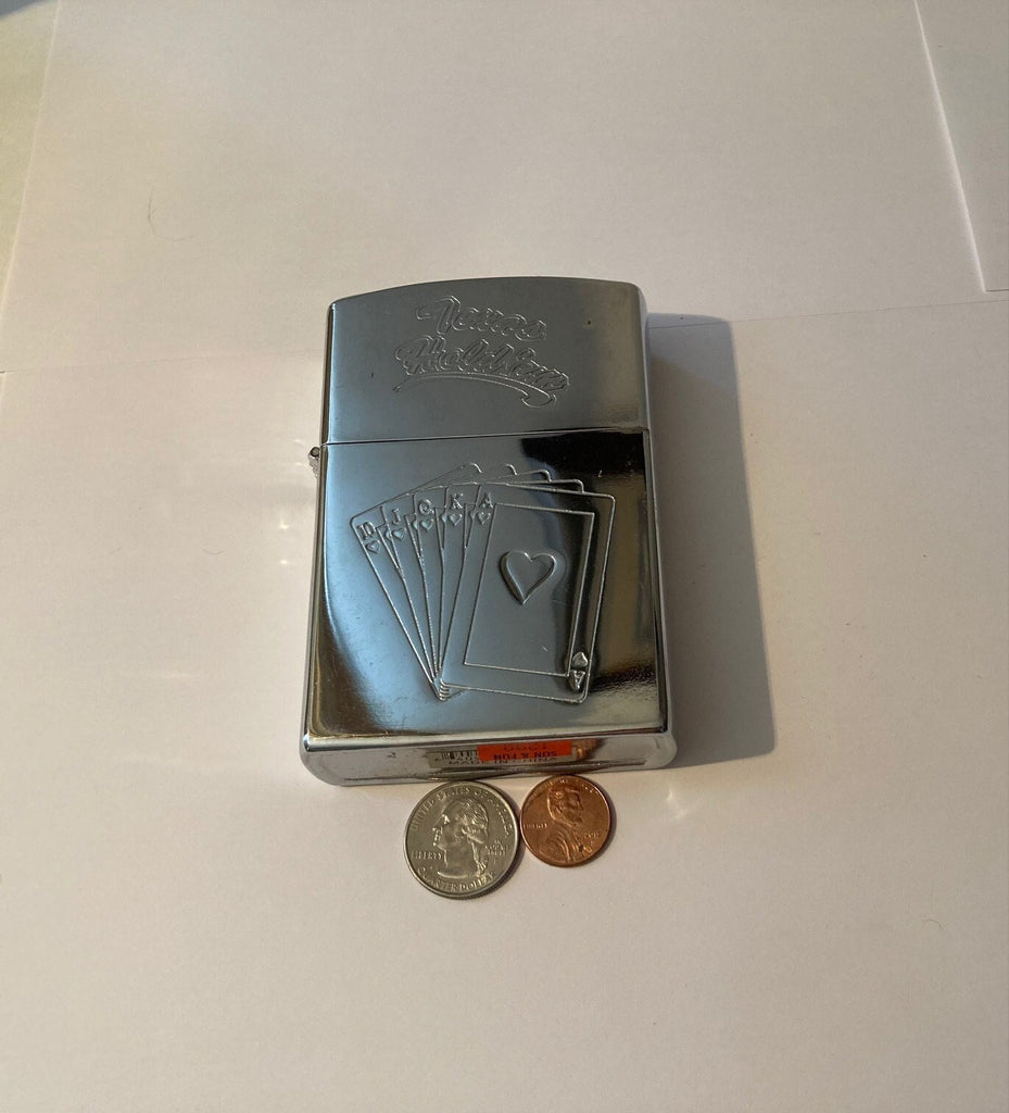 Vintage Metal Giant Size Lighter, Texas Hold'em, Engraved Playing Cards, Poker, 4 1/2" x 3" x 1", Old Vintage Lighter, Cigars