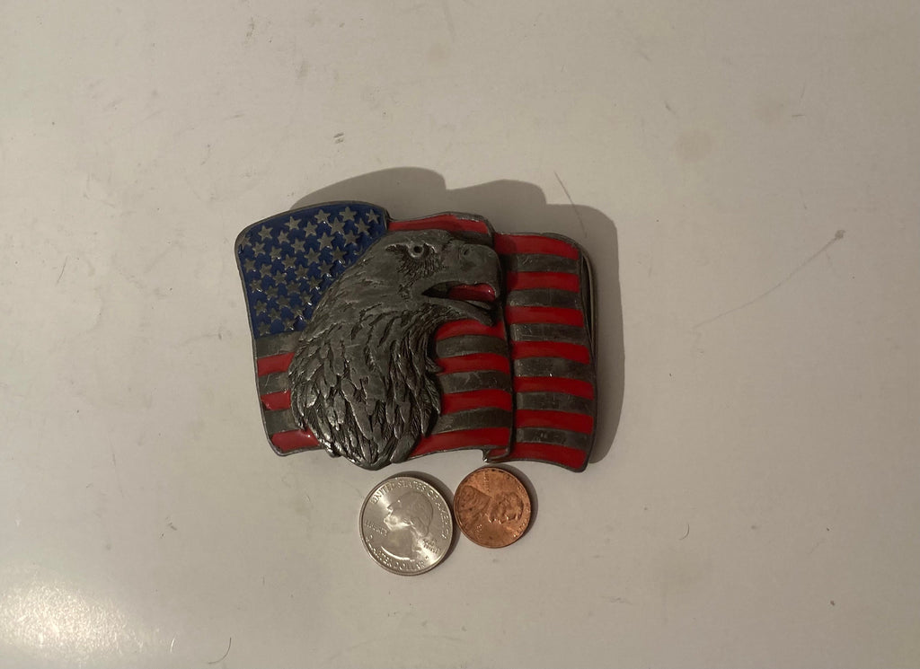 Vintage 1990 Metal Belt Buckle, American Eagle, Flag, Heavy Duty Quality, Clothing Accessory, Fashion, Collectible, Shelf Display