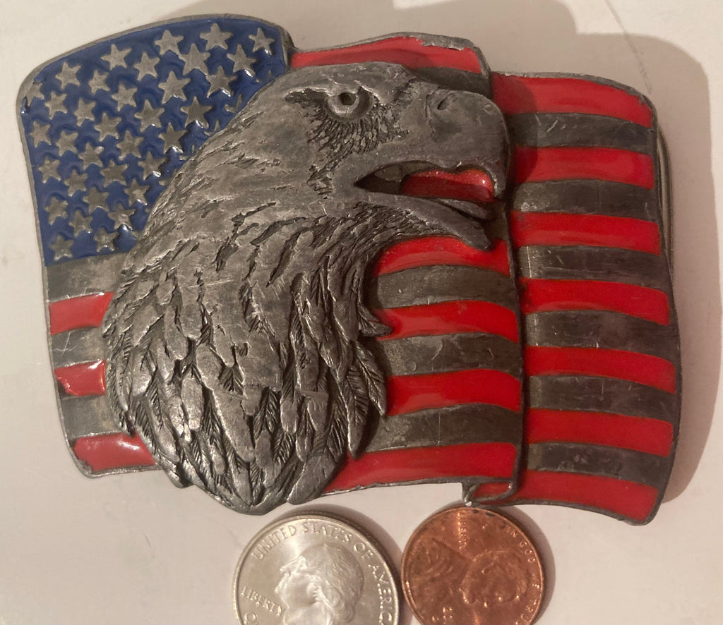 Vintage 1990 Metal Belt Buckle, American Eagle, Flag, Heavy Duty Quality, Clothing Accessory, Fashion, Collectible, Shelf Display