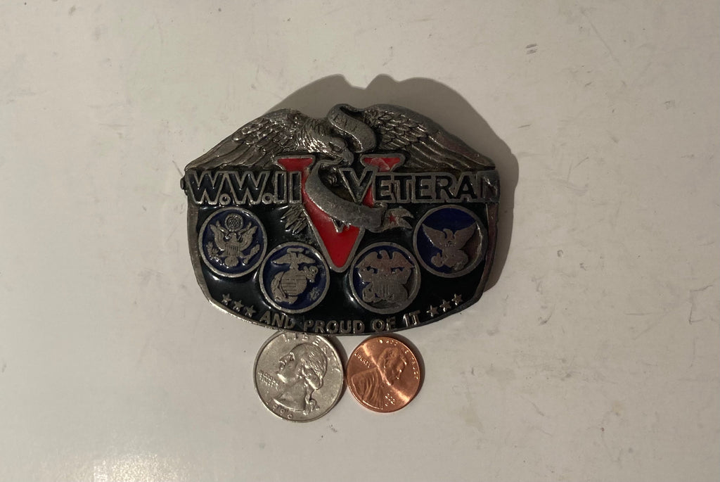 Vintage 1988 Metal Belt Buckle, WWII Veteran, And Proud Of It, Army, Navy, Marines, Air Force, Heavy Duty, Quality, Clothing Accessory