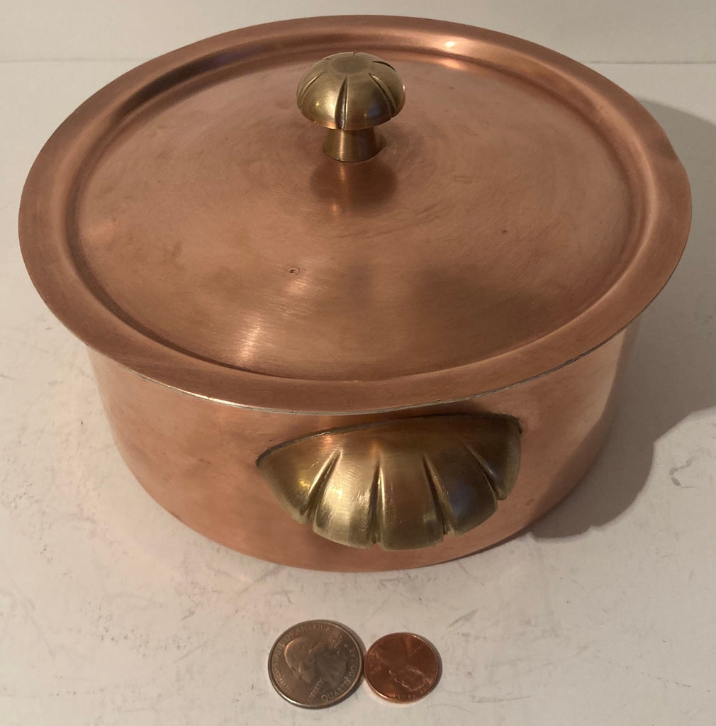 Vintage Metal Copper and Brass Pot with Lid, Made in Switzerland, Quality, Heavy Duty, 7 1/2" x 3 1/2", Nice Brass Handles, Kitchen Decor