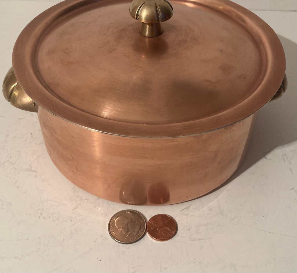 Vintage Metal Copper and Brass Pot with Lid, Made in Switzerland, Quality, Heavy Duty, 7 1/2" x 3 1/2", Nice Brass Handles, Kitchen Decor