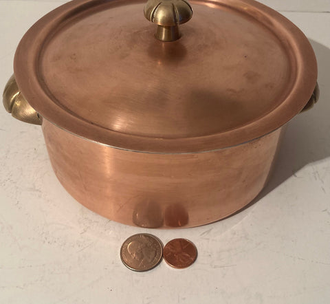 Vintage Metal Copper and Brass Pot with Lid, Made in Switzerland, Quality, Heavy Duty, 7 1/2" x 3 1/2", Nice Brass Handles, Kitchen Decor