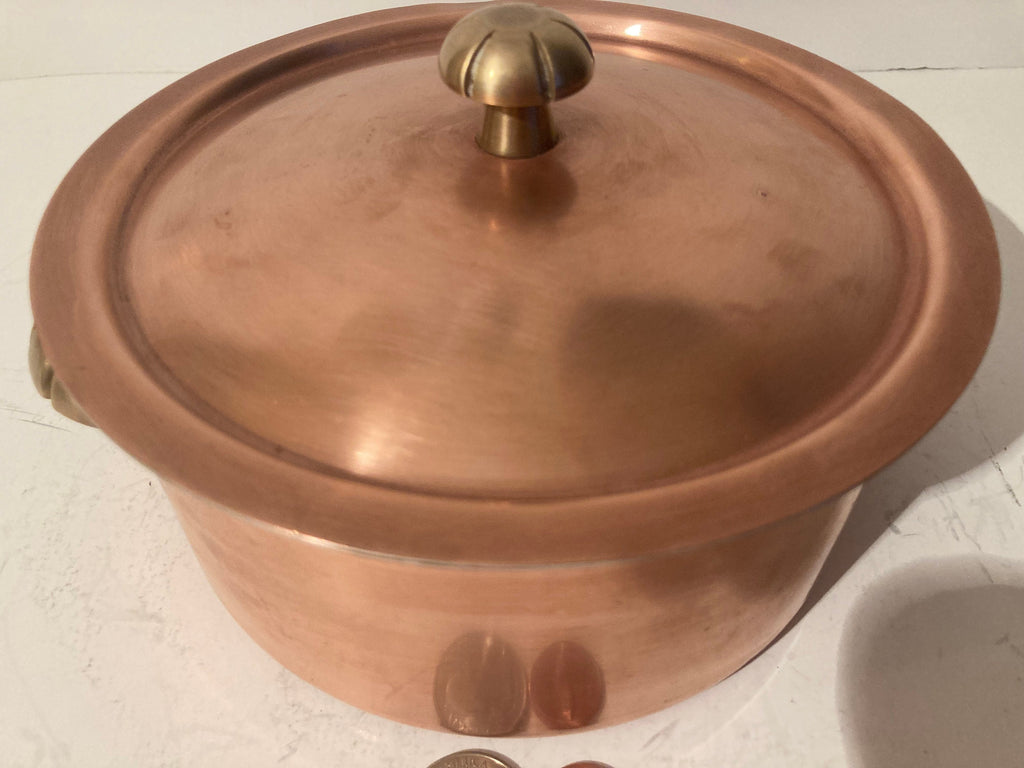 Vintage Metal Copper and Brass Pot with Lid, Made in Switzerland, Quality, Heavy Duty, 7 1/2" x 3 1/2", Nice Brass Handles, Kitchen Decor