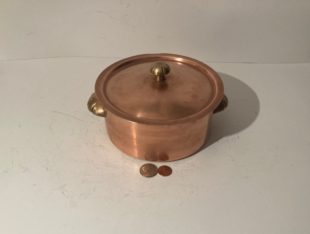 Vintage Metal Copper and Brass Pot with Lid, Made in Switzerland, Quality, Heavy Duty, 7 1/2" x 3 1/2", Nice Brass Handles, Kitchen Decor