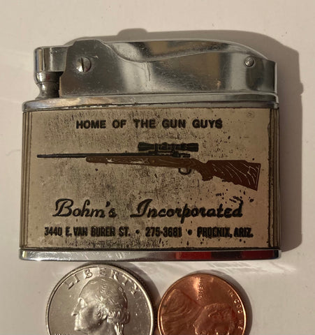 Vintage Metal Lighter, Rifle, Home of the Gun Guts, Double Sided, Pistol, Bohm's Incorporated, Dinger, Phoenix, Cigarettes, More.
