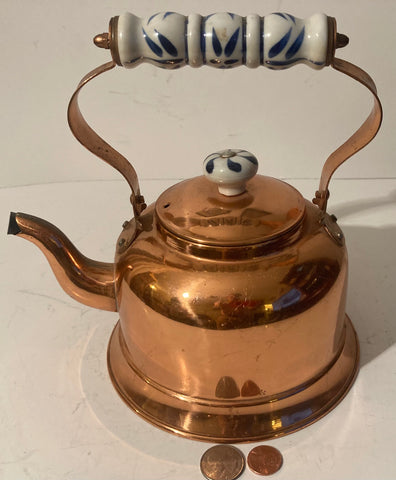 Vintage Metal Copper and Porcelain Teapot, Tea Kettle, Tea Pot, Porcelain Handle, Use It, Kitchen Decor, Shelf Display