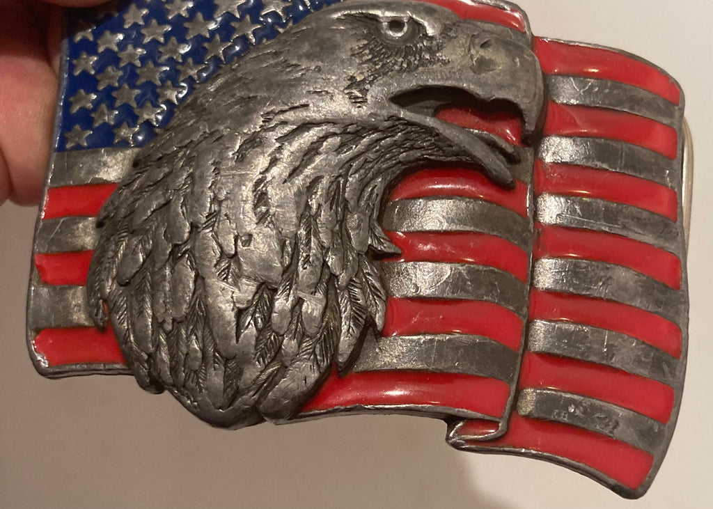 Vintage 1990 Metal Belt Buckle, American Eagle, Flag, Heavy Duty Quality, Clothing Accessory, Fashion, Collectible, Shelf Display