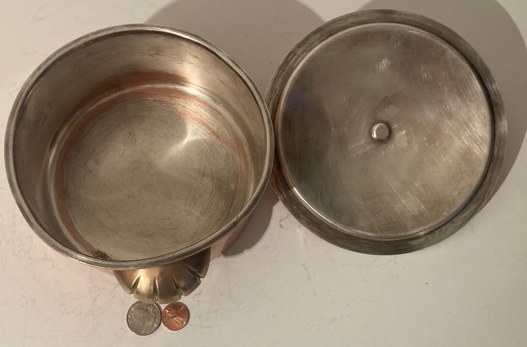Vintage Metal Copper and Brass Pot with Lid, Made in Switzerland, Quality, Heavy Duty, 7 1/2" x 3 1/2", Nice Brass Handles, Kitchen Decor