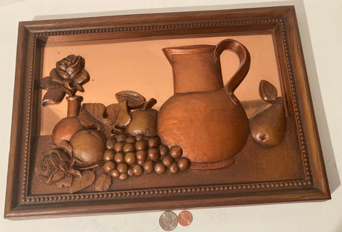 Vintage Metal Copper Wall Hanging, Pitcher, Grapes, Coppercraft Guild, Original, Hand Made, Art, Quality Art, 16" x 11", Home Decor