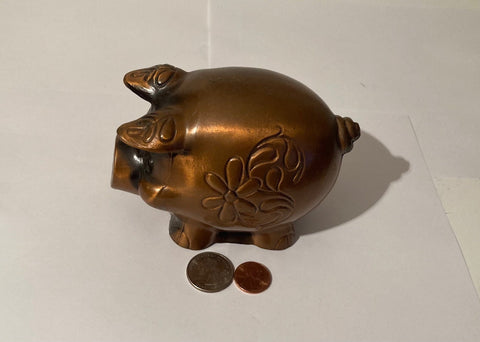 Vintage Metal Copper Piggy Bank, Savings Bank, Pig, 5" Long, Dresser Decor, Shelf Display, Paper Weight, Missing Bottom Plate