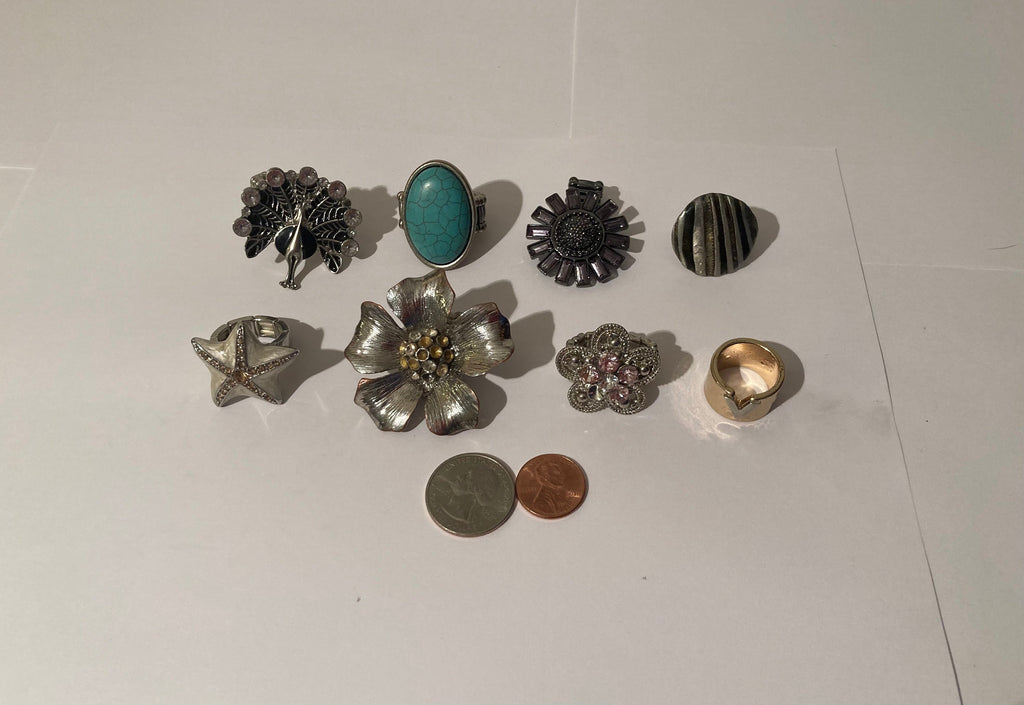 Lot of 8 Different Rings, Most Are Adjustable Sizes, Peacock, Turquoise, More