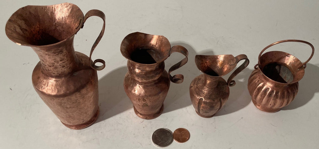 4 Vintage Smaller Size Copper Vases, 5 1/2" Tallest One, Home Decor, Table Display, Shelf Display, These Can Be Shined Up Even More