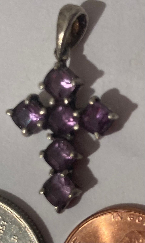 Vintage Sterling Silver 925 Metal Charm, Cross, Crucifix, Purple Jewels, Pendant for Necklace, Bracelet, Ankle, Fashion, Quality