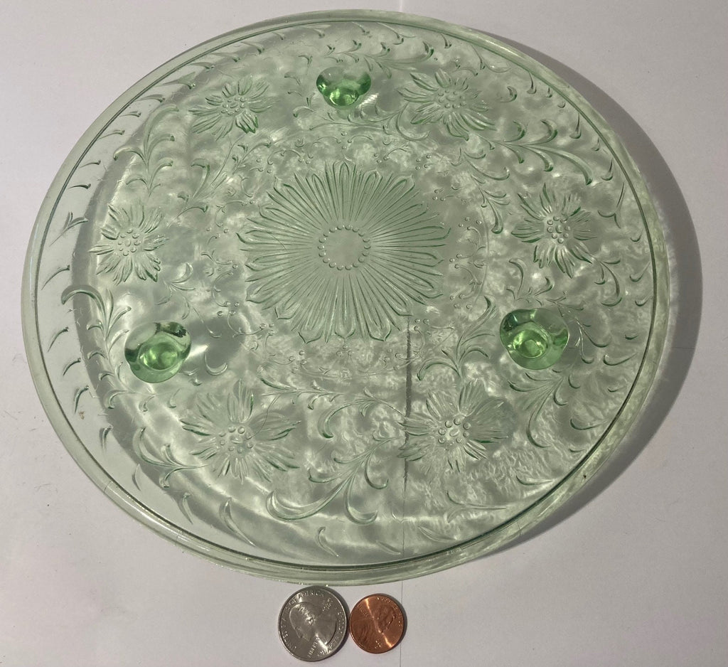 Vintage Green Glass Tray, Platter, 3 Legged, Nice Design, Showcase, Stand, Thick, Quality, Heavy Duty, 10" Wide and Weighs 2 Pounds