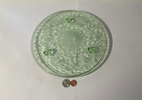 Vintage Green Glass Tray, Platter, 3 Legged, Nice Design, Showcase, Stand, Thick, Quality, Heavy Duty, 10" Wide and Weighs 2 Pounds