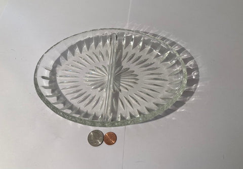Vintage Glass Tray, Platter, Heavy Duty, 9 1/2" x 7" Weighs, 1 1/2 Pounds, Subdivided, Candy Dish, Snacks, Heavy Duty, Quality