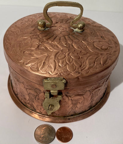 Vintage Metal Copper and Brass Storage Box, Stash Box, Quality, Intricate, Heavy Duty, 6" x 3", Home Decor, Dresser Display, Shelf Display