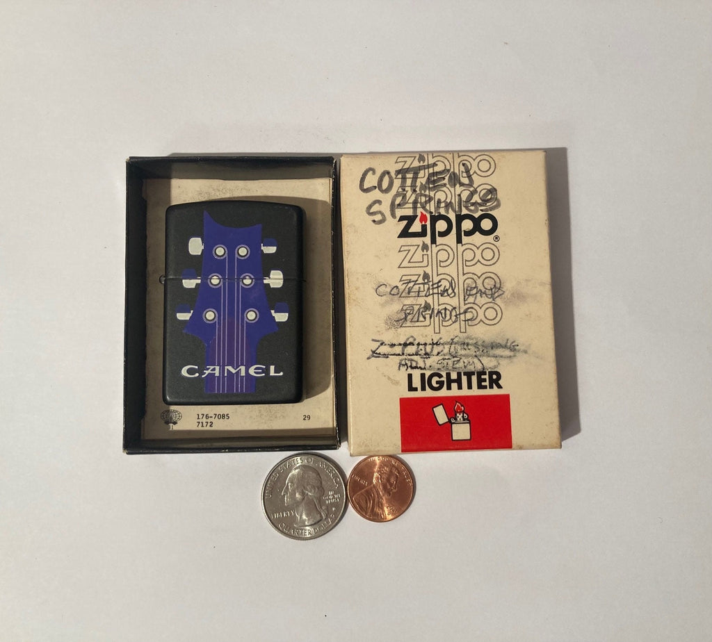 Vintage Metal Zippo Lighter, Joe Camel, Purple 6 String Guitar Neck, Double Sided, Nice, Zippo, Made in USA, Cigarettes, More