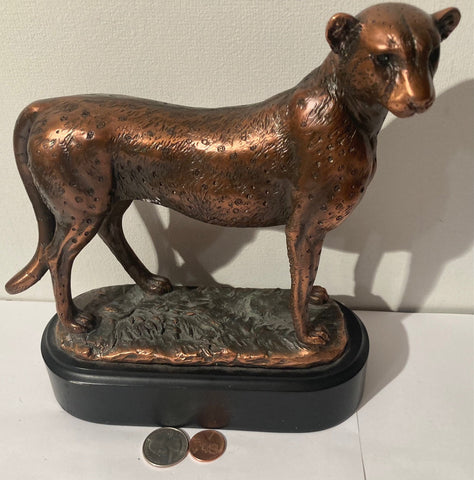 Vintage Copper Metal Statue Sculpture Leopard, Big Cat, Wildlife, Heavy Duty, 9" x 8", Weighs 2 1/2 Pounds, Quality, Art, Home Decor