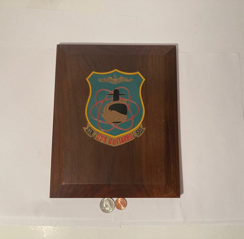 Vintage Wooden and Metal Navy Plaque, U.S.S. Guitarro SSN-665, U.S. Navy, Submarine Service