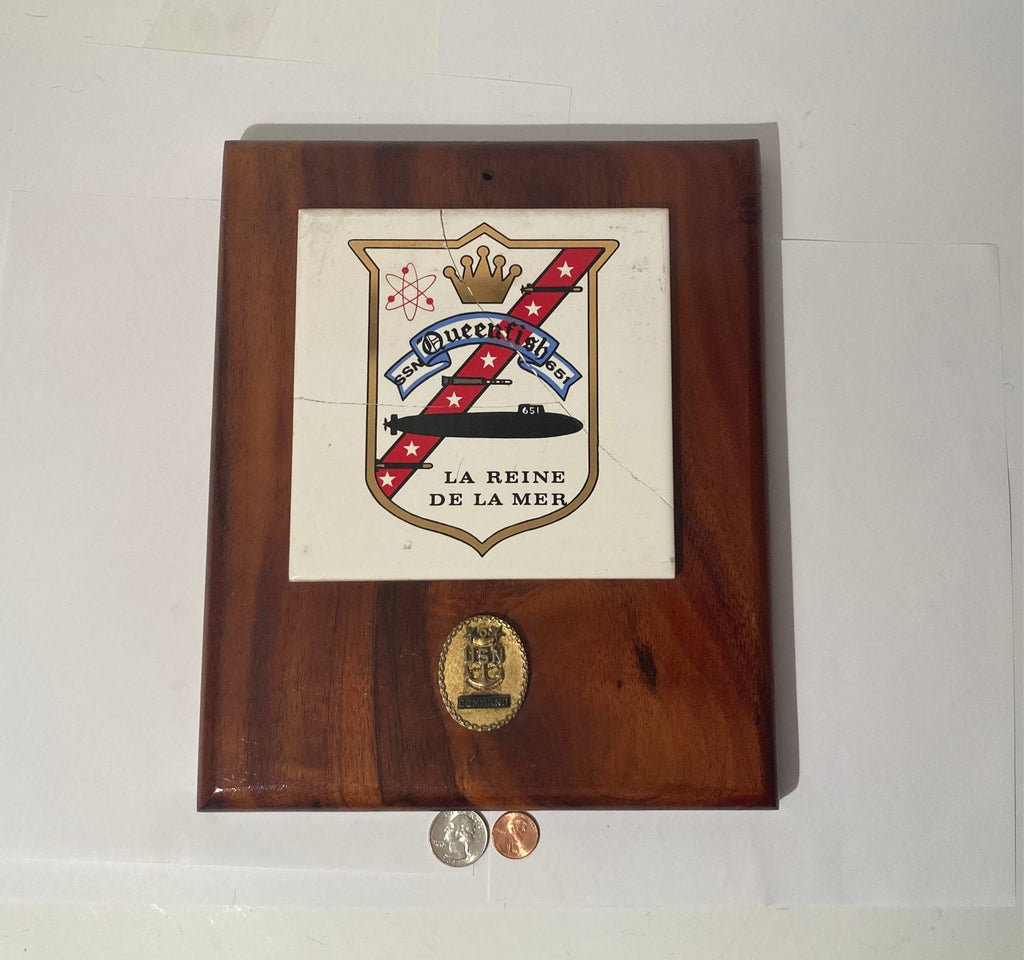 Vintage Wooden and Metal Navy Plaque, U.S.S. Queenfish SSN-651, U.S. Navy, Submarine Service