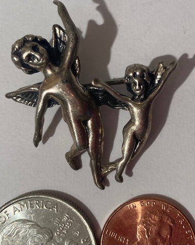 Vintage Sterling Silver 925 Metal Charm, 2 Angels, Pendant for Necklace, Bracelet, Ankle, Fashion, Quality, Precious Metal, Nice