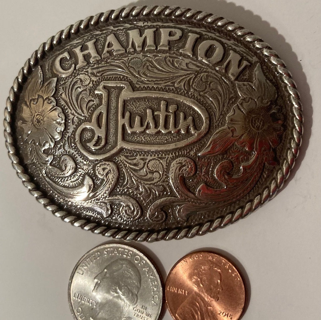 Vintage Metal Belt Buckle, Champion, Justin, Country & Western, Nice Design, Heavy Duty, Quality, Made in USA, Fashion, Belts, Shelf Display