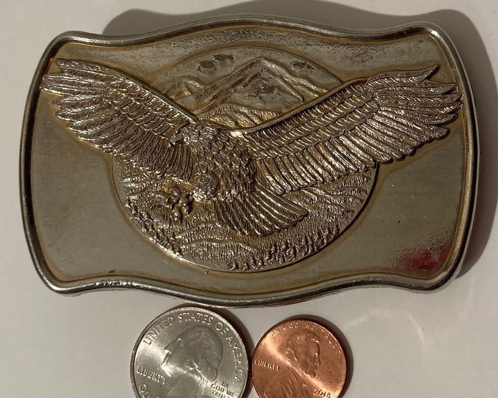 Vintage Metal Belt Buckle, American Bald Eagle, Mountains, Country & Western, Nice Design, Heavy Duty, Quality, Made in USA, Fashion, Belts
