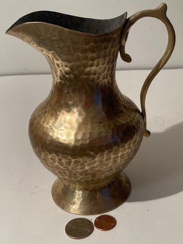 Vintage Metal Brass and Copper Serving Pitcher, Vase, Hammered Metal, 7" Tall, Kitchen Decor, Table Display, Shelf Display