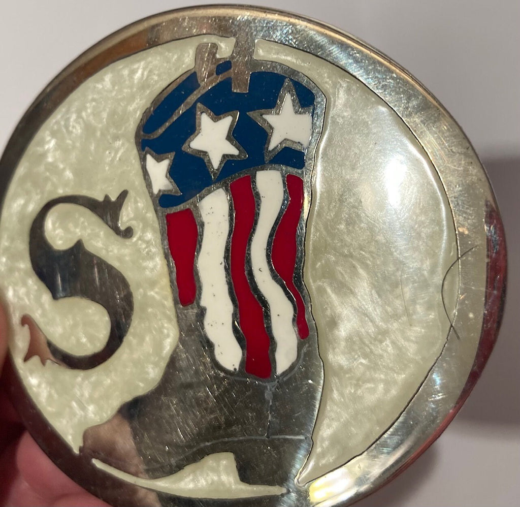 Vintage Metal Belt Buckle, Red White and Blue Cowboy Boot, Mother Of Pearl, S, Heavy Duty, Made in USA, Quality, Fashion, Belts