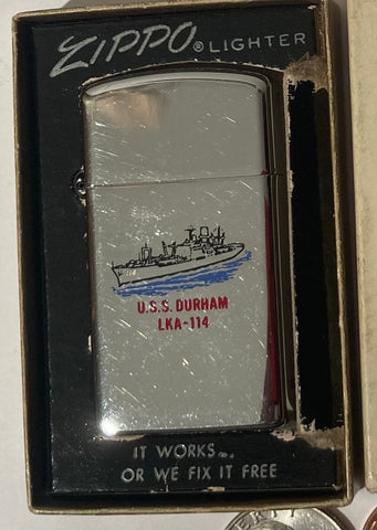 Vintage Metal Zippo Lighter, U.S.S. Durham LKA-114, Never Used Yet, Original Box Too, Amphibious Cargo Ship, Navy, Command, Zippo