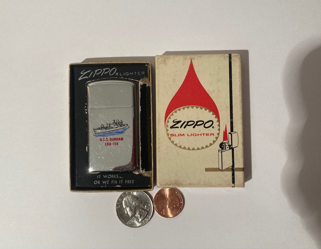 Vintage Metal Zippo Lighter, U.S.S. Durham LKA-114, Never Used Yet, Original Box Too, Amphibious Cargo Ship, Navy, Command, Zippo