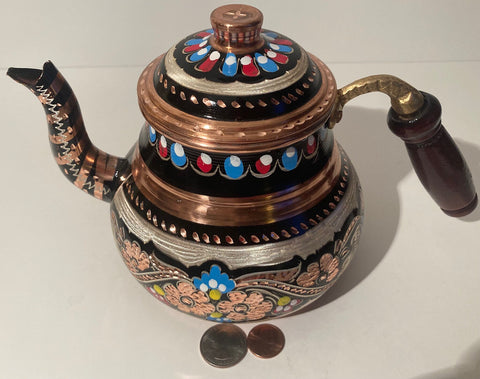 Vintage Metal Copper Teapot, Tea Kettle, Intricate Design, Etched, Inlay, Quality, Turkish, 10" x 8", Wooden Handle, Multiple Bright Colors