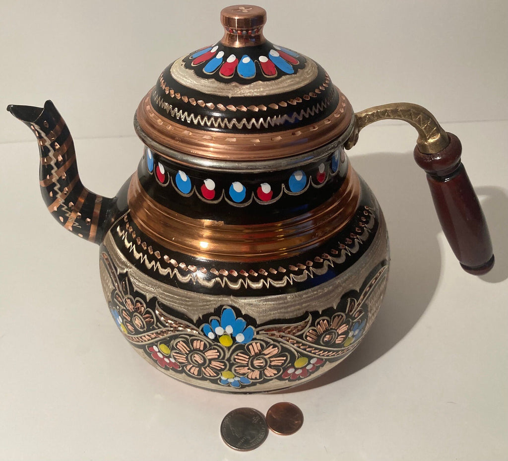 Vintage Metal Copper Teapot, Tea Kettle, Intricate Design, Etched, Inlay, Quality, Turkish, 9" x 6", Wooden Handle, Multiple Bright Colors