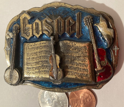 Vintage 1985 Metal Belt Buckle, Gospel, Music, Enamel, Country & Western, Made in USA, Quality, Heavy Duty, Fashion, Belts, Shelf Display