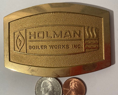 Vintage Metal Brass Belt Buckle, Holman Boiler Works, Inc., Made in USA, Quality, Heavy Duty, Fashion, Belts, Shelf Display