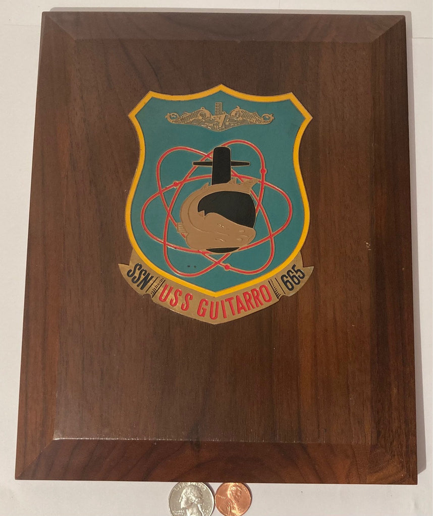 Vintage Wooden and Metal Navy Plaque, U.S.S. Guitarro SSN-665, U.S. Navy, Submarine Service
