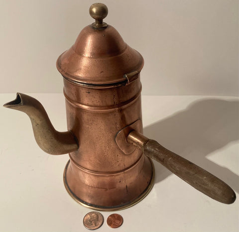 Vintage Copper and Brass Metal Teapot, Coffee Maker, Quality, Heavy Duty, 9 1/2" Tall, Wooden Handle, This Can Be Shined Up Even More