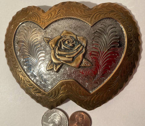 Vintage Metal Silver and Brass Heart Shaped Belt Buckle, Brass Rose, Big Size, 4 1/2" x 3 1/2", Country & Western Wear, German Silver