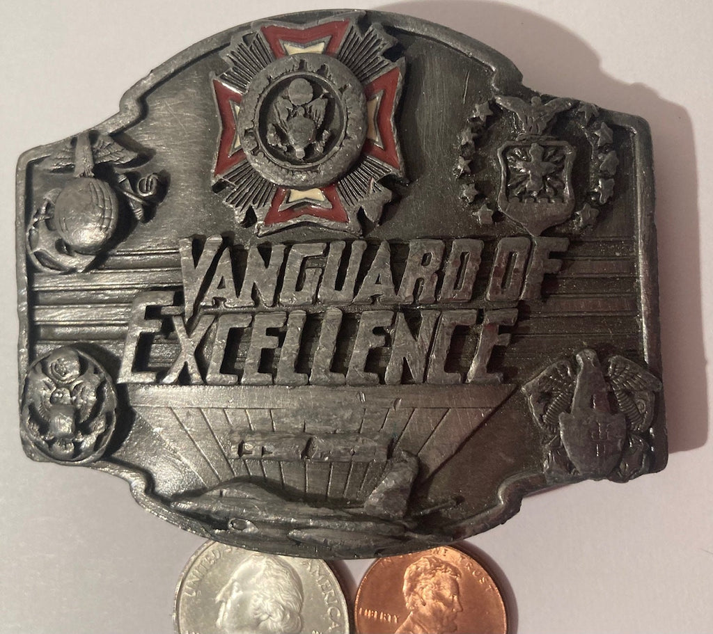 Vintage 1990 Metal Pewter Belt Buckle, Vanguard of Excellence, Siskiyou, Made in USA, Military, Quality, Heavy Duty, Fashion, Belts