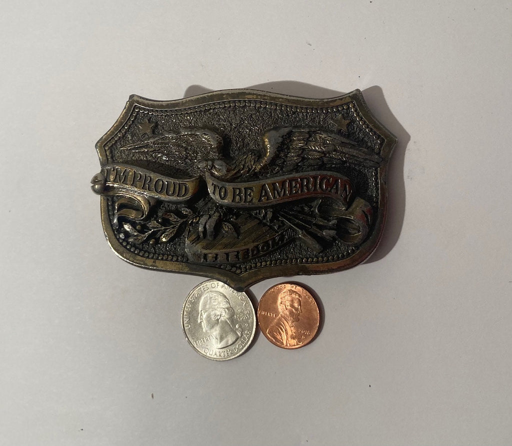 Vintage 1984 Metal Pewter Belt Buckle, I'm Proud To Be American, Made in USA, Quality, Heavy Duty, Fashion, Belts, Shelf Display