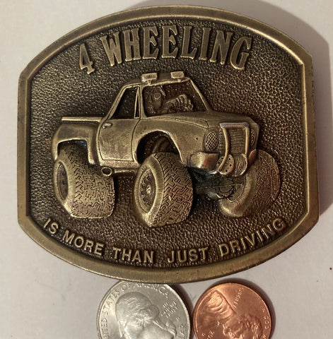 Vintage 1976 Metal Belt Buckle, 4 Wheeling, Is More Then Just Driving, Mud Run, Jacked Up Truck, Bergamot Brass Works, Nice Design, Heavy