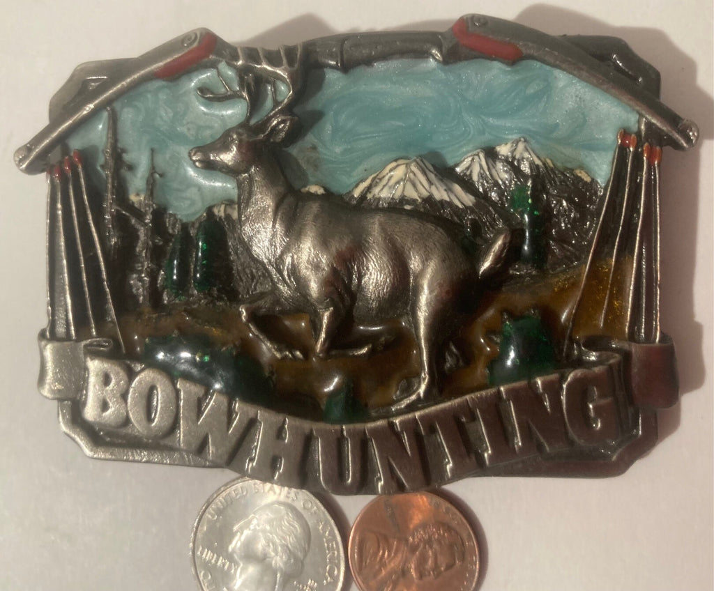 Vintage Metal Belt Buckle, Bow Hunting, Buck, Deer, Nature, Wildlife, Made in USA, Quality, Heavy Duty, Fashion, Belts, Shelf Display