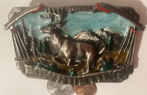 Vintage Metal Belt Buckle, Bow Hunting, Buck, Deer, Nature, Wildlife, Made in USA, Quality, Heavy Duty, Fashion, Belts, Shelf Display